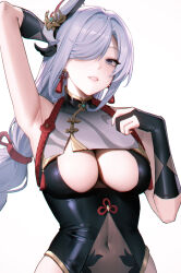 Rule 34 | 1girl, 95---, arm up, armpit crease, armpits, bare shoulders, bodysuit, braid, breast curtain, breasts, cleavage, covered navel, earrings, genshin impact, gloves, grey hair, hair ornament, hair over one eye, highres, jewelry, large breasts, long hair, looking at viewer, low-braided long hair, low-tied long hair, shenhe (genshin impact), solo, tassel, very long hair
