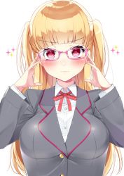 Rule 34 | 1girl, absurdres, adjusting eyewear, bad id, bad twitter id, blonde hair, blush, breasts, buttons, collared shirt, eyebrows, glasses, highres, large breasts, long hair, looking at viewer, neck ribbon, nezumi doshi, pink-framed eyewear, red eyes, red ribbon, ribbon, school uniform, shirt, simple background, solo, sparkle background, tokyo 7th sisters, two side up, uesugi u. kyouko, upper body, white shirt