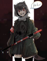 Rule 34 | animal ears, arai-san mansion, armband, backlighting, black gloves, chromatic aberration, clenched teeth, commentary request, crossed bangs, crowbar, english text, fingerless gloves, gas mask, giant otter (kemono friends) (kuro (kurojill)), gloves, green jacket, grin, hand up, head tilt, highres, holding, holding crowbar, jacket, laughing, long sleeves, mask, mask around neck, naga tatta, open clothes, open jacket, otter ears, otter tail, red armband, red eyes, smile, speech bubble, tail, teeth