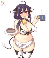 Rule 34 | 1girl, ahoge, alternate costume, anchor symbol, animal ears, apron, artist logo, bell, bikini, breasts, cake, cake slice, chocolate cake, cleavage, commentary request, cow ears, cow tail, cowbell, cup, dated, ear tag, fake animal ears, food, frilled apron, frills, hair flaps, highres, kanon (kurogane knights), kantai collection, large breasts, low twintails, mug, navel, purple hair, red eyes, side-tie bikini bottom, simple background, solo, standing, swimsuit, taigei (kancolle), tail, thighhighs, twintails, waist apron, white apron, white background, white bikini, white thighhighs