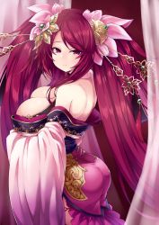 Rule 34 | 1girl, ass, bare back, blush, breast rest, breasts, cleavage, commentary request, curtains, flower, flower knight girl, gene (gear gene), hair flower, hair ornament, highres, huge breasts, light blush, long hair, looking at viewer, looking back, purple eyes, red hair, shuumeigiku (flower knight girl), sidelocks, smile, solo, twintails, very long hair