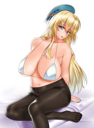 Rule 34 | 10s, 1girl, aqua eyes, arms behind back, atago (kancolle), bare shoulders, belly, blaccura, blonde hair, breasts, cleavage, hat, highres, huge breasts, kantai collection, long hair, looking at viewer, navel, open mouth, pantyhose, plump, sagging breasts, sitting, solo, tongue
