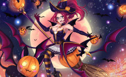 Rule 34 | absurdres, alternate costume, alternate hair color, bare shoulders, belt, bewitching janna, black footwear, boots, breasts, broom, broom riding, crescent, elbow gloves, elf, english text, glasses, gloves, halloween, hand up, high heel boots, high heels, highres, janna (league of legends), lantern, large breasts, league of legends, long hair, night, night sky, pointy ears, pumpkin, purple eyes, sidesaddle, sky, star (symbol), striped legwear, thighhighs
