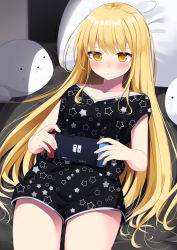 Rule 34 | 1girl, ahoge, black shirt, black shorts, blonde hair, closed mouth, collarbone, commentary request, game console, highres, holding, long hair, looking at viewer, loungewear, lying, nintendo switch, on back, on bed, original, pillow, sasahara wakaba, shirt, short shorts, shorts, solo, star (symbol), star print, thighs, very long hair, yellow eyes