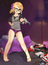 Rule 34 | 1girl, bare legs, barefoot, blonde hair, blue eyes, box, chips (food), clothes writing, duck hunt, famicom, feet, food, game console, girutea, glasses, hair ornament, hairpin, hand on own hip, lamp, light gun, looking at viewer, messy room, nail polish, nes, nintendo, no pants, one eye closed, original, panties, ponytail, smile, solo, toenail polish, toenails, tongue, tongue out, underwear