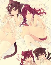 Rule 34 | 2girls, afterimage, ahoge, animal ears, babydoll, bare arms, bare shoulders, bed sheet, biting, blush, bow, brown hair, cameltoe, cat ears, cat girl, cat tail, chibi, closed eyes, closed mouth, commentary request, fang, finger biting, hair between eyes, hair bow, highres, long hair, lying, mimo lm, mini person, minigirl, multiple girls, no shoes, on back, on side, original, panties, parted lips, pillow, red hair, socks, tail, tail wagging, thighhighs, twintails, underwear, underwear only, white bow, white legwear, white panties