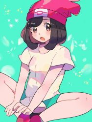 Rule 34 | 1girl, bad id, bad pixiv id, beanie, black eyes, black hair, blush, blush stickers, breasts, creatures (company), female focus, floral print, game freak, green background, green shorts, hat, highres, indian style, looking to the side, matching hair/eyes, nintendo, open mouth, poke ball symbol, poke ball theme, pokemon, pokemon sm, red footwear, red hat, ririmon, selene (pokemon), shirt, shoes, short hair, short shorts, short sleeves, shorts, simple background, sitting, small breasts, solo, sparkle, spread legs, tied shirt, yellow shirt
