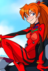 Rule 34 | 02, 1girl, ahoge, arm at side, artist name, ass, blue eyes, bodysuit, breasts, closed mouth, cloud, cockpit, collarbone, day, female focus, from side, hand on own knee, happy, knee up, legs, long hair, looking at viewer, neck, neon genesis evangelion, no panties, orange hair, outdoors, outstretched arms, petite, plugsuit, print bodysuit, red bodysuit, red headwear, shiny clothes, shiny skin, sidelocks, sitting, skin tight, sky, small breasts, smile, souryuu asuka langley, spread arms, spread legs, thighs, turning head
