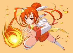 Rule 34 | 10s, 1girl, bike shorts, boots, choker, cure sunny, fire, full body, hino akane (smile precure!), looking at viewer, ohta yuichi, orange background, orange hair, orange skirt, orange theme, precure, red eyes, short hair, simple background, skirt, smile, smile precure!, solo, thigh boots, thighhighs, tiara, white thighhighs