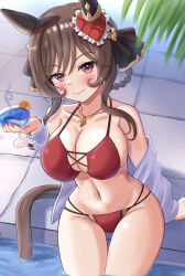 Rule 34 | 1girl, alternate costume, animal ears, bikini, blush, breasts, brown hair, cleavage, closed mouth, commentary request, cowboy shot, cup, ear covers, ear ornament, gentildonna (umamusume), hair between eyes, highres, holding, holding cup, horse ears, horse girl, horse tail, jacket, jacket partially removed, jewelry, large breasts, long sleeves, navel, necklace, outdoors, partially submerged, pool, red bikini, red eyes, rio (lio yuzu), smile, solo, swimsuit, tail, umamusume, water