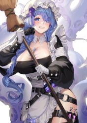 Rule 34 | 1girl, belt, black belt, blue eyes, blue hair, blush, bottle, braid, breasts, broom, chest tattoo, cleavage, frilled headwear, frills, gakincho02, gloves, hair ornament, hat, highres, holding, holding broom, large breasts, long hair, looking at viewer, maid, mole, mole under mouth, monster girl, octopus hair ornament, original, scylla, smile, syringe, tattoo, tentacles, white background, white gloves, white headwear