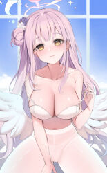Rule 34 | 1girl, absurdres, angel wings, blue archive, blush, breasts, closed mouth, commentary, feathered wings, flower, hair bun, hair flower, hair ornament, halo, highres, large breasts, looking at viewer, low wings, mika (blue archive), pantyhose, pink hair, ropu (ropu 10), single side bun, solo, white pantyhose, white wings, wings, yellow eyes