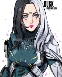 Rule 34 | armor, artist name, black hair, blue eyes, call of duty, call of duty: mobile, character name, drawing, dusk (call of duty: mobile), facial mark, highres, multicolored hair, oyenpaws, sketch, tagme, two-tone hair, white background, white hair