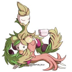 Rule 34 | appendagechild, arboliva, artist name, closed eyes, closed mouth, commentary, creatures (company), cup, dolliv, eating, english commentary, food, game freak, hand up, hands up, highres, holding, holding cup, holding food, leaf, nintendo, no humans, o o, olive, pokemon, pokemon (creature), simple background, sitting, smile, spoilers, white background