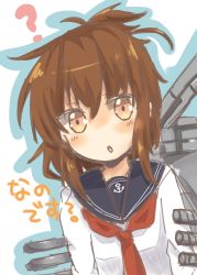 Rule 34 | 10s, 1girl, :o, anne (anyu anne), blush, brown eyes, brown hair, folded ponytail, inazuma (kancolle), kantai collection, looking at viewer, nanodesu (phrase), pantyhose, personification, school uniform, serafuku, smile, solo, translated, white background