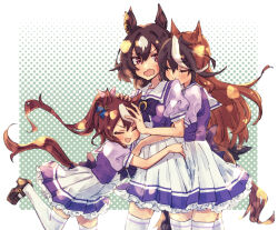Rule 34 | 3girls, animal ears, back bow, blush, border, bow, brown footwear, brown hair, commentary request, cow, ear ornament, hair between eyes, hands on another&#039;s head, horse ears, horse girl, horse tail, hug, hug from behind, loafers, long hair, mihasame, multicolored hair, multiple girls, open mouth, petticoat, pleated skirt, polka dot, polka dot background, ponytail, puffy short sleeves, puffy sleeves, purple bow, purple shirt, red eyes, school uniform, shirt, shoes, short sleeves, sirius symboli (umamusume), skirt, smile, streaked hair, symboli rudolf (umamusume), tail, thighhighs, tokai teio (umamusume), tracen school uniform, umamusume, wavy mouth, white border, white hair, white skirt, white thighhighs, zettai ryouiki