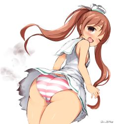 Rule 34 | 10s, 1girl, ass, brown eyes, brown hair, dark-skinned female, dark skin, don (29219), dress, from behind, from below, hat, kantai collection, libeccio (kancolle), long hair, one eye closed, panties, paravane, sailor dress, solo, striped clothes, striped panties, tears, torn clothes, twintails, underwear