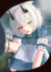 Rule 34 | apron, armband, black horns, blue archive, blurry, blurry background, blush, braid, cowboy shot, crossed bangs, demon horns, frills, gloves, hand on another&#039;s head, hat, head tilt, highres, horns, looking at viewer, nurse, nurse cap, open mouth, pov, sena (blue archive), short sleeves, side braid, sidelocks, strap, twitter username, varsoligt, waist apron, white apron, white hair, white hat, yellow eyes