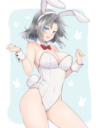 Rule 34 | 1girl, animal ears, armpit crease, bare legs, bare shoulders, blue background, blue eyes, blush, bow, bowtie, breasts, cleavage, commentary request, covered erect nipples, covered navel, detached collar, fake animal ears, fake tail, grey hair, groin, half-closed eyes, kinako (mzknk0), large breasts, leotard, linea alba, looking at viewer, open mouth, playboy bunny, rabbit background, rabbit ears, rabbit tail, red bow, red bowtie, senran kagura, senran kagura shinovi versus, shiny skin, short hair, smile, solo, standing, strapless, strapless leotard, tail, tongue, traditional bowtie, wrist cuffs, yumi (senran kagura)