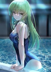 Rule 34 | 1girl, absurdres, arm support, bare arms, bare shoulders, blue one-piece swimsuit, blurry, blurry background, breasts, budgiepon, c.c., cleavage, closed mouth, code geass, commentary, cowboy shot, curvy, eyes visible through hair, from side, green hair, hair between eyes, hair over shoulder, highres, light blush, lips, long hair, looking at viewer, medium breasts, nose, one-piece swimsuit, pool, poolside, school swimsuit, signature, skindentation, smile, solo, split mouth, straight hair, swimsuit, translated, very long hair, wet, wet clothes, wet hair, wet swimsuit, yellow eyes