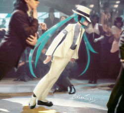 Rule 34 | absurdres, aqua hair, armband, commentary, cosplay, derivative work, fedora, formal, from side, full body, grey shirt, hat, hatsune miku, headphones, headset, highres, huge filesize, jacket, kanpaithighs, leaning forward, long hair, michael jackson, michael jackson (cosplay), necktie, pants, parody, photo background, shade, shirt, silver nails, smooth criminal, suit, suit jacket, twintails, twitter username, very long hair, vocaloid, white headwear, white jacket, white neckwear, white pants, white suit