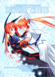 Rule 34 | 00s, 2girls, bad id, bad pixiv id, blue eyes, dark nanoha, dual persona, english text, engrish text, hair ribbon, highres, long hair, lyrical nanoha, magical girl, mahou shoujo lyrical nanoha, multiple girls, orange hair, purple eyes, ranguage, red hair, ribbon, takamachi nanoha, tom (1art.), twintails, yuri