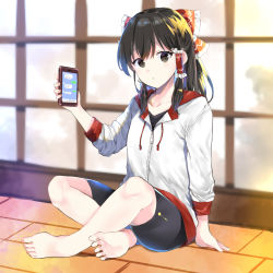 Rule 34 | 1girl, :o, alternate costume, barefoot, bike shorts, black eyes, black hair, black shorts, blurry, blurry background, bow, breasts, cellphone, collarbone, commentary request, frilled bow, frilled hair tubes, frills, full body, hair bow, hair tubes, hakurei reimu, hand up, highres, holding, holding phone, hood, hoodie, indian style, indoors, long hair, long sleeves, looking at viewer, phone, red bow, shorts, sidelocks, sitting, small breasts, smartphone, solo, sweater, touhou, white sweater, window, yurara (aroma42enola)