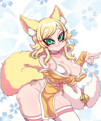 Rule 34 | 1girl, :3, animal ears, bare shoulders, bell, blonde hair, blush, bra, breasts, choker, collarbone, cowboy shot, diamond-shaped pupils, diamond (shape), eyelashes, female focus, flower print, fox ears, fox girl, fox tail, green eyes, highres, hip vent, izfanart, japanese clothes, large breasts, long hair, looking at viewer, original, panties, pink choker, shiny skin, side-tie panties, skindentation, smile, solo, standing, symbol-shaped pupils, tail, thick eyebrows, thick thighs, thighhighs, thighs, underwear, white background, white bra, white panties, white thighhighs, wide hips