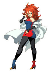 Rule 34 | 1girl, android, android 21, ankle boots, ass, bare shoulders, big hair, black-framed eyewear, black nails, black pantyhose, blue eyes, boots, breasts, brown hair, checkered clothes, checkered dress, commentary, curly hair, cyborg, dragon ball, dragon ball fighterz, dress, earrings, female focus, full body, genzoman, glasses, hand on own hip, high heel boots, high heels, hip focus, hoop earrings, jewelry, lab coat, legs, long hair, looking at viewer, looking back, multicolored boots, multicolored clothes, multicolored dress, nail polish, off shoulder, pantyhose, ring, sideboob, simple background, smile, solo, standing, thighhighs, thighs, v, v over eye, white background