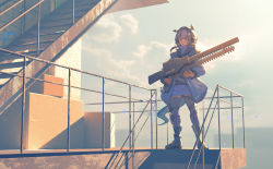 Rule 34 | 1girl, arknights, blue jacket, blue skirt, blue thighhighs, boots, candy, cloud, cloudy sky, commentary request, dated, day, detached hood, food, food in mouth, full body, furahata gen, glaucus (arknights), gun, highres, holding, holding gun, holding weapon, jacket, lollipop, long hair, looking to the side, multicolored hair, outdoors, rifle, signature, silver hair, skirt, sky, solo, stairs, standing, streaked hair, tail, thighhighs, trigger discipline, weapon
