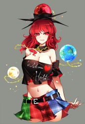 Rule 34 | 1girl, black shirt, breasts, chain, cleavage, gold chain, hecatia lapislazuli, highres, large breasts, multicolored clothes, multicolored skirt, off-shoulder shirt, off shoulder, one-hour drawing challenge, plaid, plaid skirt, raptor7, red eyes, red hair, shirt, skirt, solo, t-shirt, touhou