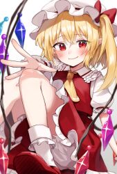 Rule 34 | 1girl, arm at side, ascot, blonde hair, bloomers, blurry, blush, bow, closed mouth, commentary, crossed bangs, crystal, depth of field, flandre scarlet, foot out of frame, frilled shirt collar, frilled skirt, frills, hair between eyes, hand up, hat, hat bow, highres, knees together feet apart, knees up, long hair, looking at viewer, mob cap, open hand, puffy short sleeves, puffy sleeves, red bow, red eyes, red footwear, red skirt, red vest, shirt, short sleeves, side ponytail, signature, simple background, sitting, skirt, smile, socks, solo, split mouth, suikario, touhou, tsurime, underwear, vest, white background, white bloomers, white hat, white shirt, white socks, wings, yellow ascot