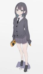 Rule 34 | 1girl, bare legs, black hair, black necktie, boombox, boukou-chan (tokiwata soul), bright pupils, buttons, closed mouth, collared shirt, colored inner hair, expressionless, full body, grey eyes, grey jacket, grey skirt, highres, holding, holding boombox, jacket, loafers, looking at viewer, multicolored hair, necktie, original, pleated skirt, shirt, shoes, simple background, skirt, solo, standing, tokiwata soul, white background, white pupils, white shirt
