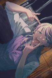 Rule 34 | 1boy, arm up, chokin siyou, earrings, green eyes, hand up, haruchiyo sanzu, highres, indoors, jewelry, long hair, looking at viewer, male focus, necktie, open mouth, pink hair, pointing, pointing at self, purple necktie, purple vest, scar, scar on face, shirt, sleeves rolled up, smile, solo, tokyo revengers, tongue, tongue out, upper body, v, vest, white shirt