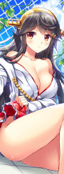 Rule 34 | 10s, 1girl, bare shoulders, black hair, blush, breasts, cleavage, detached sleeves, covered erect nipples, female focus, fukase ayaka, hair ornament, hairband, hairclip, haruna (kancolle), japanese clothes, kantai collection, large breasts, long hair, looking at viewer, nontraditional miko, open mouth, sitting, solo