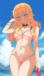 Rule 34 | 1girl, :q, arm at side, bikini, black choker, blonde hair, blue eyes, blush, bracelet, breasts, choker, cleavage, collarbone, commentary request, cowboy shot, day, earrings, genmon, hand up, heart, highres, holding, idolmaster, idolmaster cinderella girls, jewelry, long hair, looking at viewer, navel, ohtsuki yui, outdoors, pink bikini, sky, solo, swimsuit, thigh gap, tongue, tongue out