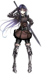 Rule 34 | 1girl, armor, black gloves, black hair, blue eyes, boots, breastplate, commentary request, full body, gloves, greaves, hand on own hip, mugenshiki, original, shorts, shorts under skirt, solo, sword, thigh boots, thighhighs, weapon, white background