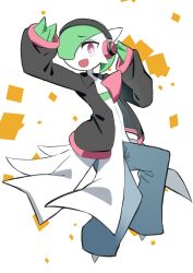 Rule 34 | 1girl, arm up, black jacket, blue pants, blush, bob cut, bright pupils, clothed pokemon, collared jacket, colored skin, creatures (company), female focus, flat chest, full body, game freak, gardevoir, gen 3 pokemon, green hair, green skin, hair over one eye, hand up, happy, headphones, highres, jacket, light blush, long sleeves, looking at viewer, m3 (gardevoir m3), multicolored skin, nintendo, one eye covered, open clothes, open jacket, open mouth, pants, pink trim, pokemon, pokemon (creature), raised eyebrows, red eyes, short hair, sleeves past wrists, smile, solo, standing, two-tone skin, white background, white pupils, white skin