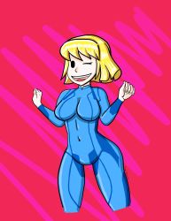 Rule 34 | absurdres, black eyes, blonde hair, bodysuit, breasts, fallout, highres, impossible clothes, medium breasts, medium hair, one eye closed, tagme, vault girl, wink, zero suit