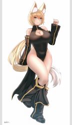 Rule 34 | 1girl, :3, absurdres, alice (flanaki), animal ear fluff, animal ears, bare shoulders, black dress, blonde hair, blue eyes, boots, breasts, china dress, chinese clothes, cleavage cutout, clothing cutout, commission, detached sleeves, dress, ehrrr, fox ears, fox girl, full body, highres, large breasts, long hair, multicolored hair, no panties, original, pelvic curtain, solo, thick thighs, thighs, twitter username, very long hair, white hair
