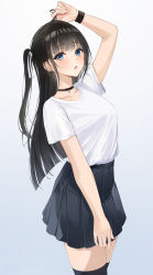 Rule 34 | 1girl, :o, absurdres, adjusting hair, arm up, black hair, black skirt, black thighhighs, blue eyes, blush, choker, collarbone, hand in own hair, highres, lebring, long hair, looking at viewer, original, parted lips, pleated skirt, shirt, short sleeves, side ponytail, skirt, solo, standing, t-shirt, thighhighs, white background, white shirt, zettai ryouiki