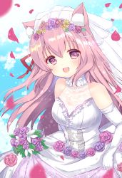 Rule 34 | 1girl, :d, animal ear fluff, animal ears, azur lane, bad id, bad pixiv id, bare shoulders, blue sky, blush, breasts, bridal veil, brown flower, cat ears, cloud, commentary request, day, dress, elbow gloves, flower, gloves, hair between eyes, hair flower, hair ornament, hamico, head tilt, highres, kisaragi (azur lane), long hair, looking at viewer, medium breasts, open mouth, outdoors, petals, pink flower, pink hair, pink rose, purple eyes, purple flower, rose, see-through, sky, sleeveless, sleeveless dress, smile, solo, veil, very long hair, wedding dress, white dress, white gloves, yellow flower