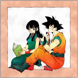 Rule 34 | 1boy, 1girl, bare arms, bare shoulders, black eyes, black hair, blue footwear, blunt bangs, book, boots, border, chi-chi (dragon ball), china dress, chinese clothes, couple, dougi, dragon ball, dragon ball (classic), dress, expressionless, fingernails, grey background, hair tie, hand in another&#039;s hair, happy, hetero, highres, hime cut, holding, holding book, light particles, long hair, looking at another, looking back, open book, pink border, profile, red footwear, sidelocks, simple background, sitting, sleeveless, sleeveless dress, smile, son goku, spiked hair, straight hair, toritoki (trig tkdb), tying hair, wariza, wristband