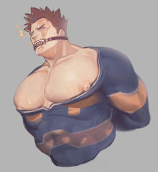 Rule 34 | 1boy, arms behind back, bara, bare pectorals, beard, blue bodysuit, blue eyes, bodysuit, boku no hero academia, chest hair, covered abs, cropped torso, endeavor (boku no hero academia), facial hair, gagged, large areolae, large pectorals, male focus, mature male, muscular, muscular male, nipples, open bodysuit, open clothes, pectoral focus, pectorals, red hair, scar, scar across eye, scar on face, short hair, sideburns, solo, spiked hair, stubble, sweat, usaki1987