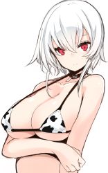 Rule 34 | 1girl, animal print, bikini, breasts, choker, cleavage, cow print, highres, looking at viewer, original, otokuyou, red eyes, short hair, simple background, solo, swimsuit, white background