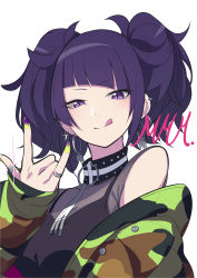 Rule 34 | 1girl, :q, \m/, absurdres, bare shoulders, diagonal bangs, earrings, fami (yellow skies), highres, idolmaster, idolmaster shiny colors, jacket, jewelry, looking at viewer, nail polish, purple eyes, purple hair, purple nails, simple background, smile, solo, tanaka mamimi, tongue, tongue out, twintails, white background