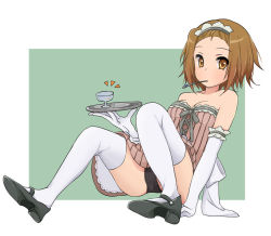 Rule 34 | 1girl, alternate costume, bad id, bad pixiv id, bare shoulders, black panties, brown eyes, brown hair, chalice, cup, elbow gloves, enmaided, gloves, k-on!, legs, maid, mouth hold, pantarou, panties, pantyshot, shoes, short hair, sitting, solo, tainaka ritsu, thighhighs, tray, underwear, waitress