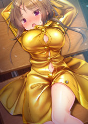 Rule 34 | 1girl, :o, arms behind head, bare legs, bdsm, blush, breasts, buttons, cleavage, desk, dutch angle, embarrassed, exhibitionism, eyes visible through hair, feet out of frame, indoors, large breasts, light brown hair, looking at viewer, lying, messy hair, naked raincoat, navel, on back, on desk, open mouth, original, public indecency, purple eyes, raincoat, school desk, sekine irie, solo, teardrop, tearing up, wooden floor, yellow raincoat