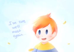 Rule 34 | blush, claus (mother 3), maditsu, male focus, mother (game), mother 3, nintendo, no lineart, orange hair, petals, purple eyes, shirt, short hair, sky, smile, solo, spoilers, text focus, yellow shirt