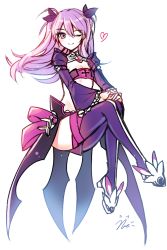 Rule 34 | 1girl, ;), ahoge, aisha landar, armor, bandeau, breasts, cleavage, closed mouth, crossed legs, detached sleeves, elsword, full body, hair between eyes, hair ribbon, heart, highres, long sleeves, looking at viewer, one eye closed, own hands together, pauldrons, purple eyes, purple hair, purple ribbon, purple sleeves, purple thighhighs, revealing clothes, ribbon, shoes, shoulder armor, signature, simple background, sitting, small breasts, smile, solo, thighhighs, two side up, white background, white footwear, wide sleeves, xes (xes 5377)
